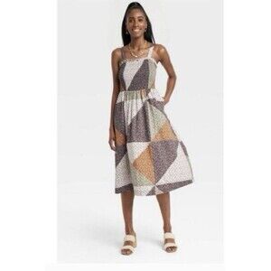 Universal Thread  XXL Shirred Patchwork Print Dress Sleeveless Long pockets